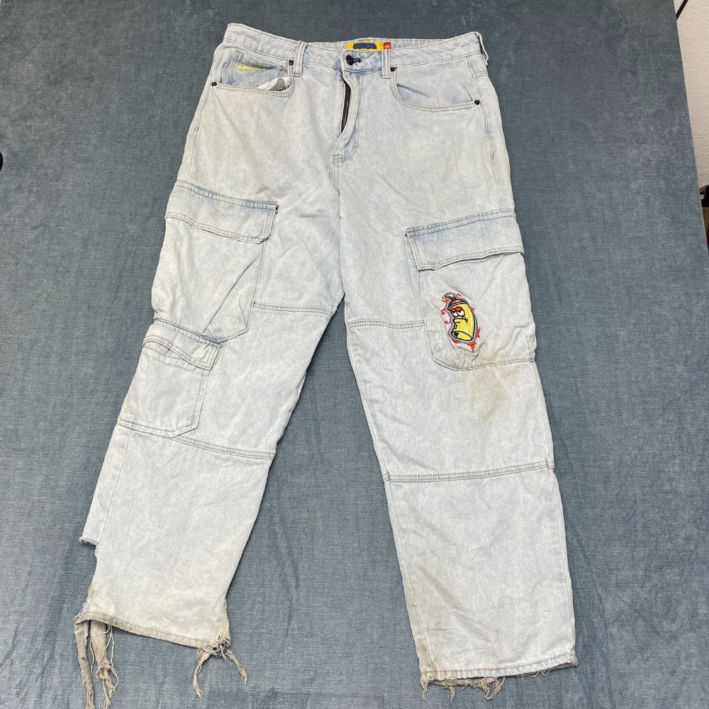 Empyre Loose Fit Cargo Jeans Mens 32 Blue Denim Flat Front Pockets Embroidered